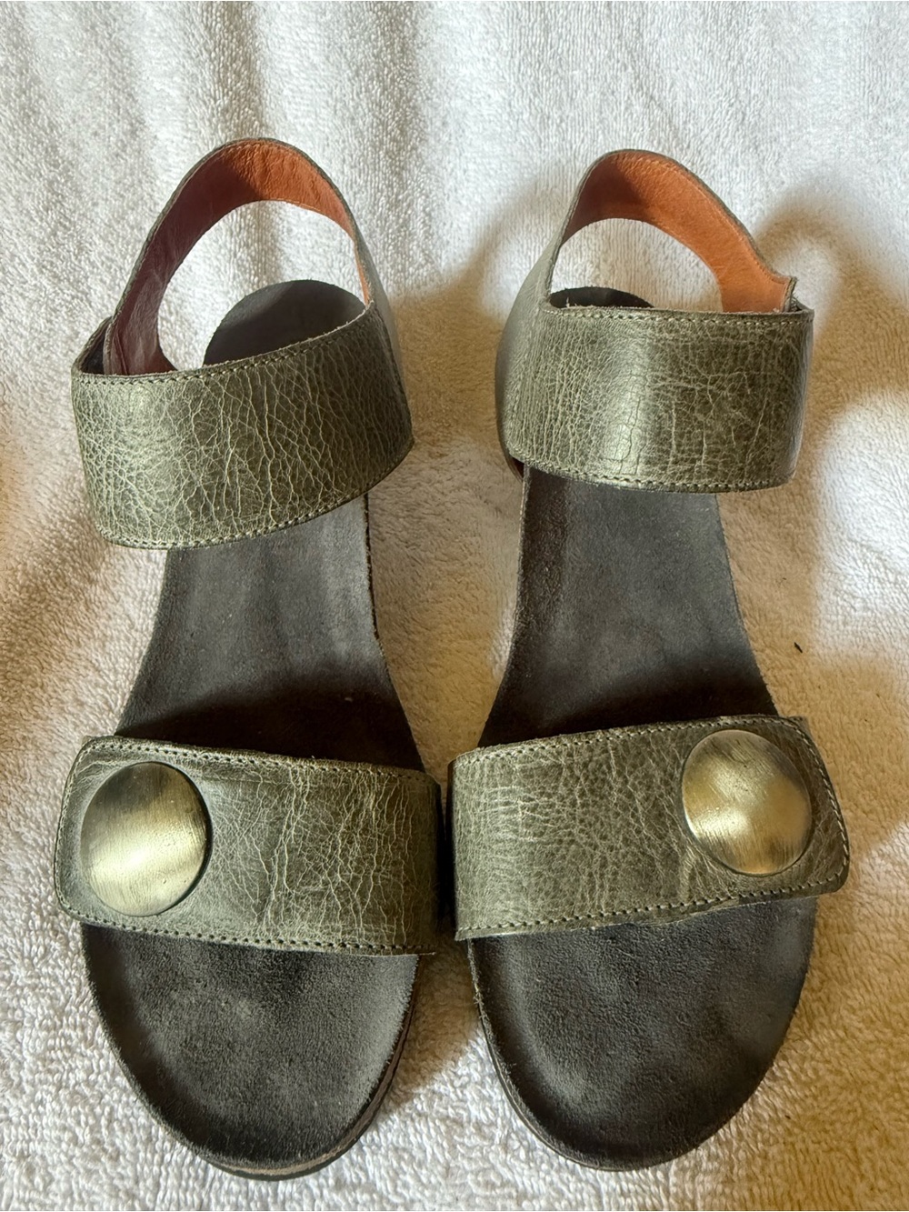 Taos Footwear Olive Green Leather Strap Sandals with Brass Accent